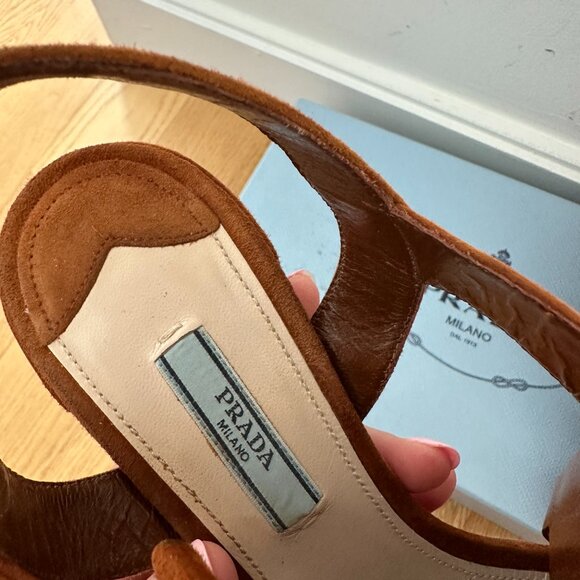 Prada Fringe Slingback Sandals Brown Suede Leather Chunky Block Heels Size 39 - Picture 5 of 13